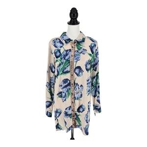 Oddi Floral Button Down Tunic Shirt Womens Small Tan Blue Tulip Velvet Mesh Back